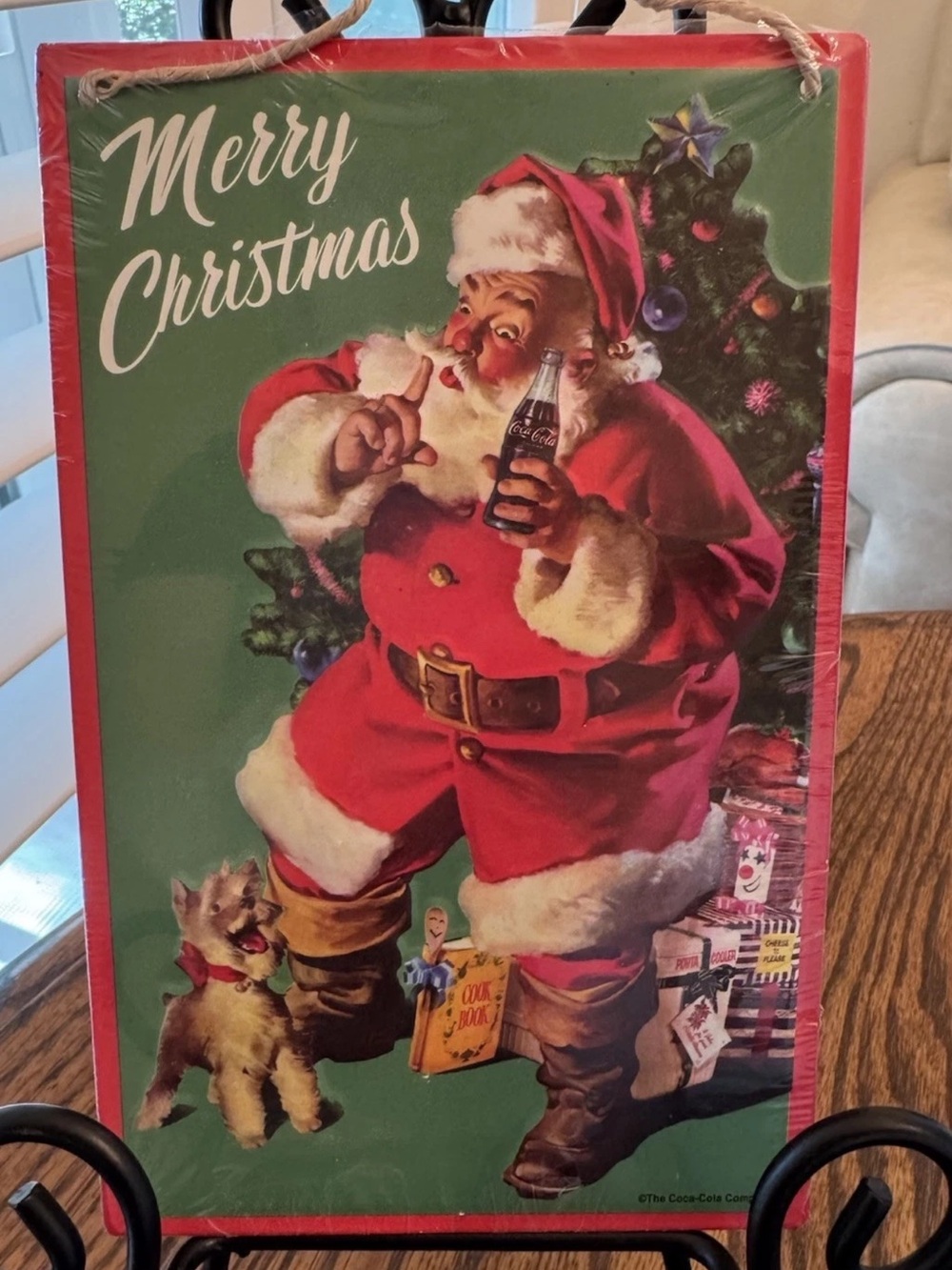 Coca Cola Merry Christmas Santa Dog Wood Wall Sign Open Road Brands NWT
